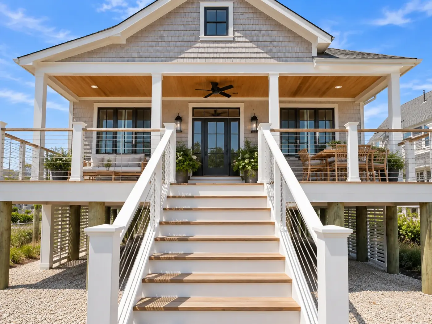 New construction on the South Shore of Massachusetts: a coastal home built on an elevated foundation