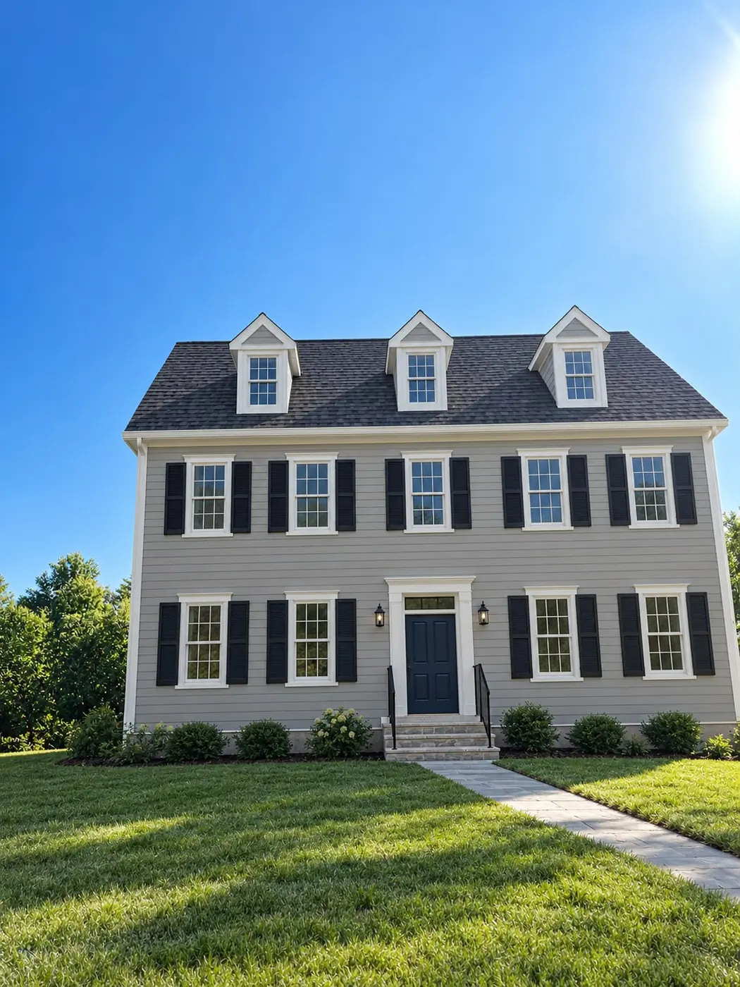 Lap siding with black shutters and white corner boards on a South Shore colonial