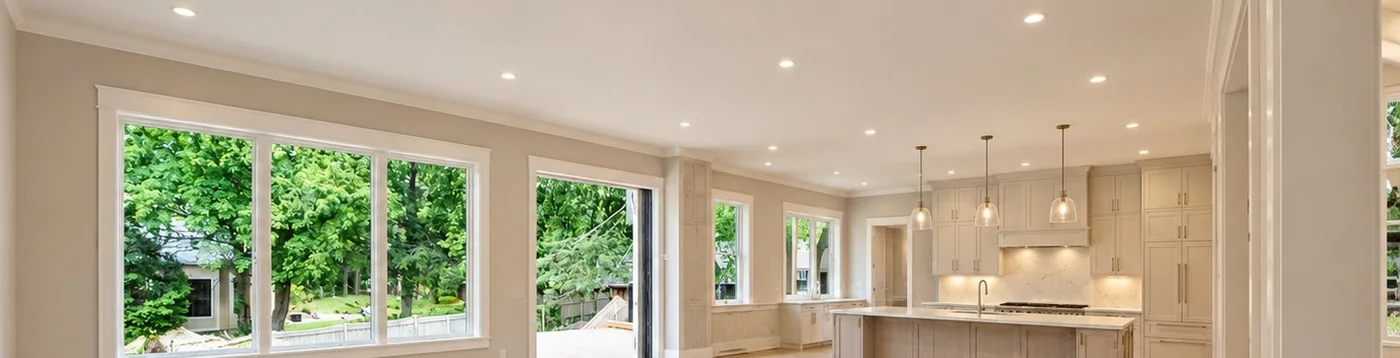 A wall of windows in an open-plan room, finished and trimmed